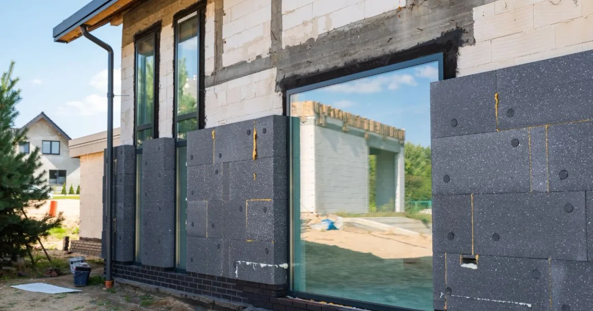 Ocieplenie ściany zewnętrznej domu jednorodzinnego styropianem grafitowym EPS 032 na ścianie z betonu komórkowego H+H - płyty naklejone i skołkowane kołkami talerzykowymi, cokół z klinkieru, widok z placu budowy. Przewodnik od CoreLTB Builders o kosztach ocieplenia w 2026: widełki cen za m², styropian vs wełna, wpływ WT 2026, dotacje Śląsk.