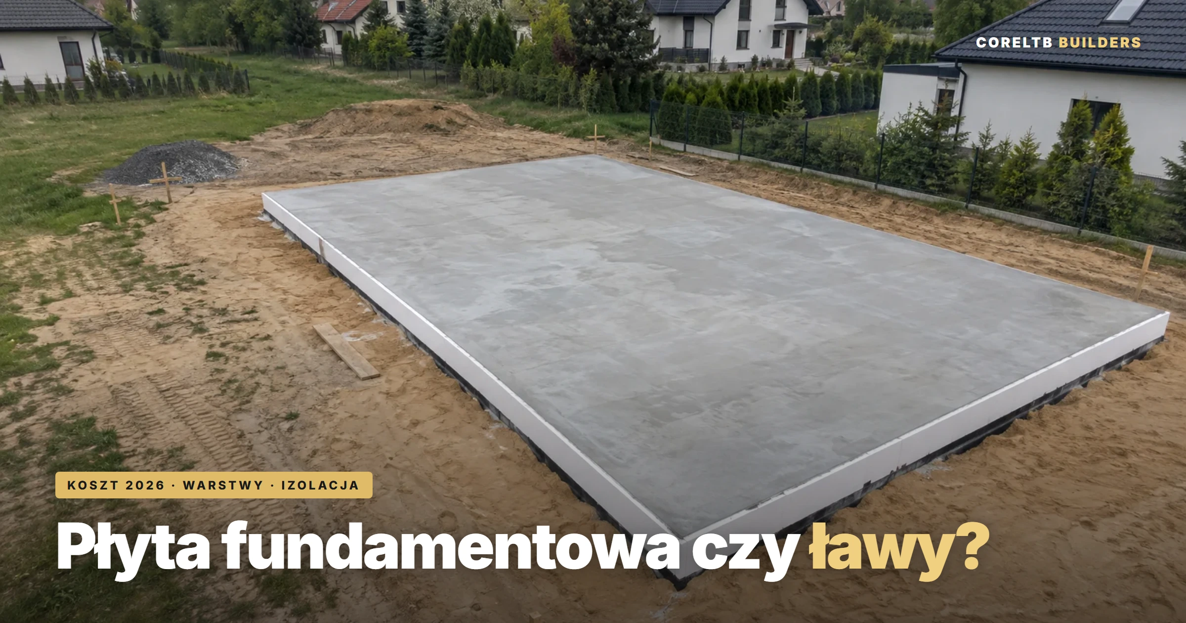 Płyta fundamentowa czy ławy - porównanie kosztu, warstw i izolacji. Stan zero 800-1 200 zł/m² netto, 15-22% budżetu budowy, tereny szkód górniczych to III kategoria geotechniczna. Ilustracja: gotowa płyta fundamentowa po betonowaniu, krawędź ocieplona XPS, działka przed rozpoczęciem murowania.