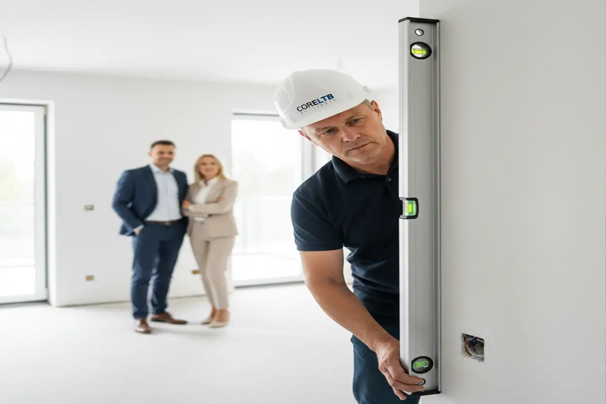 Inspektor CoreLTB wykonujący pomiar laserowy tynków podczas odbioru