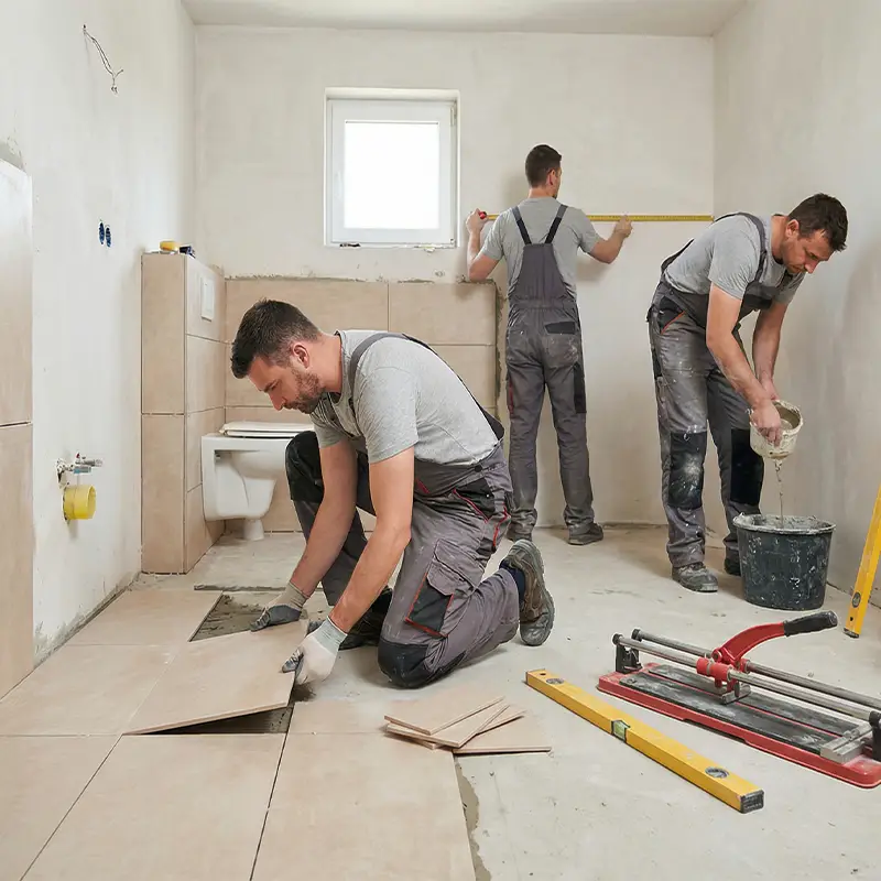 Ekipa wykończeniowa podczas precyzyjnego montażu zabudowy